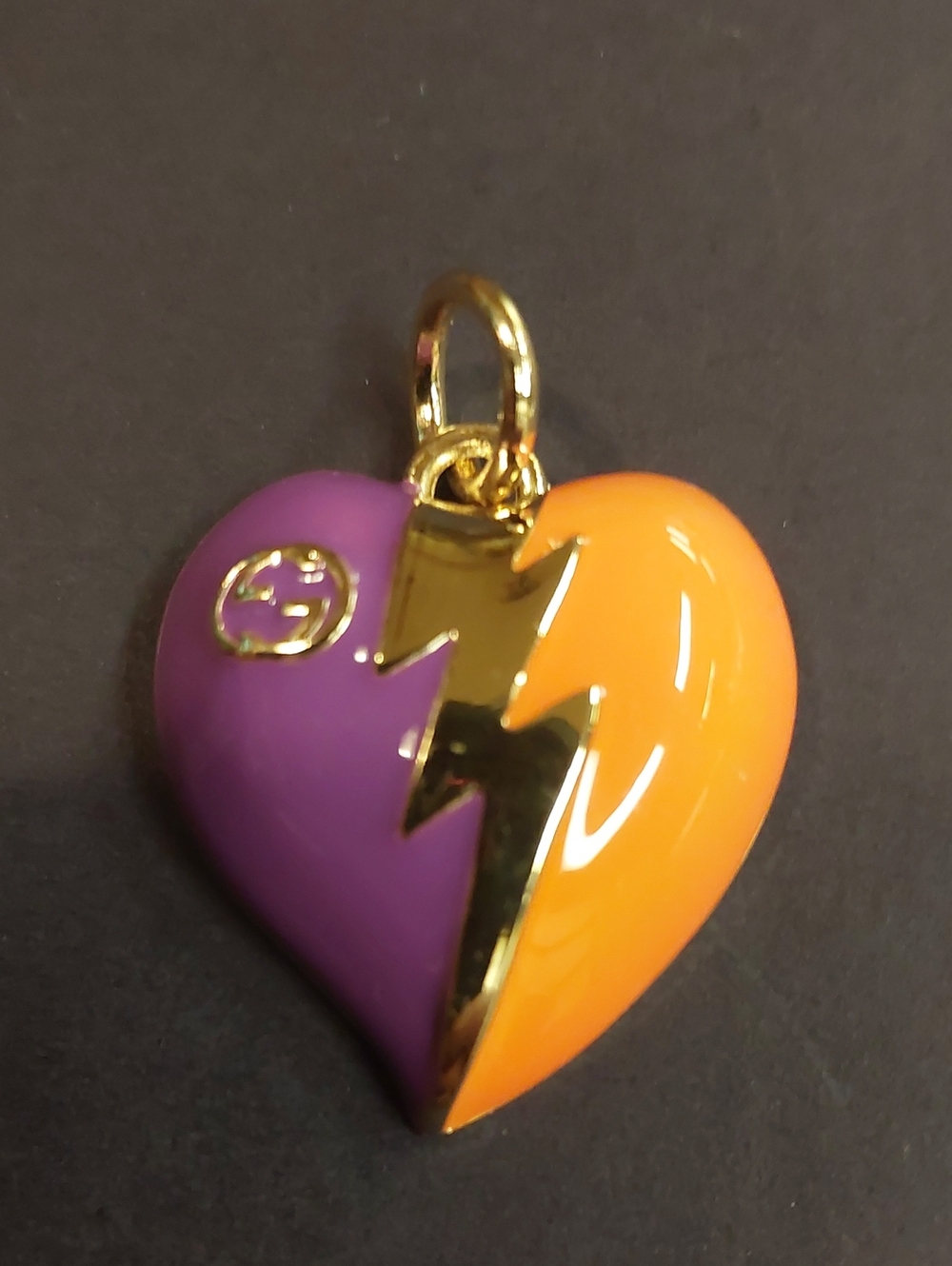 GG Purple & Orange Enamel Heart Charm Pendant with Gold Lightning Bolt